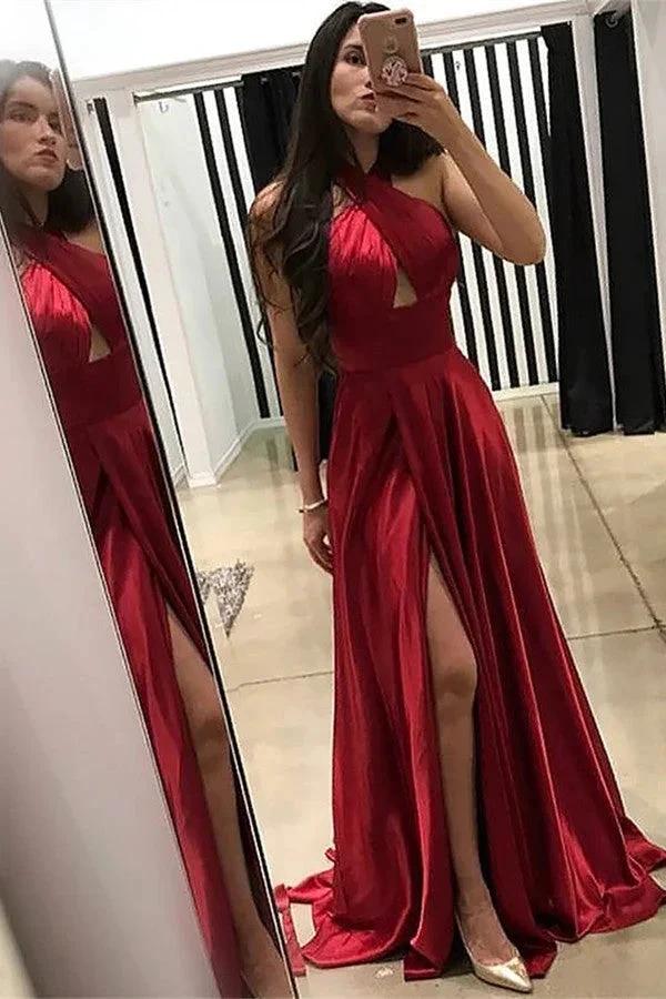 Red Wine Halter Neck Mermaid Prom Dress with Slit and Ruffles