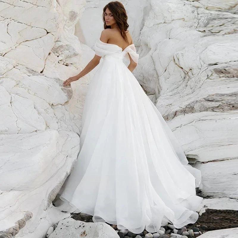 Simple A-Line Bohemian Bridal Dresses Women's Sexy Off Shoulder White Pleated Tulle Beach Formal Prom Party Fashion 2023 Wedding
