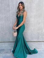 Simple Satin V Neck Mermaid Green Long Prom Dress Green Evening Dress Y852