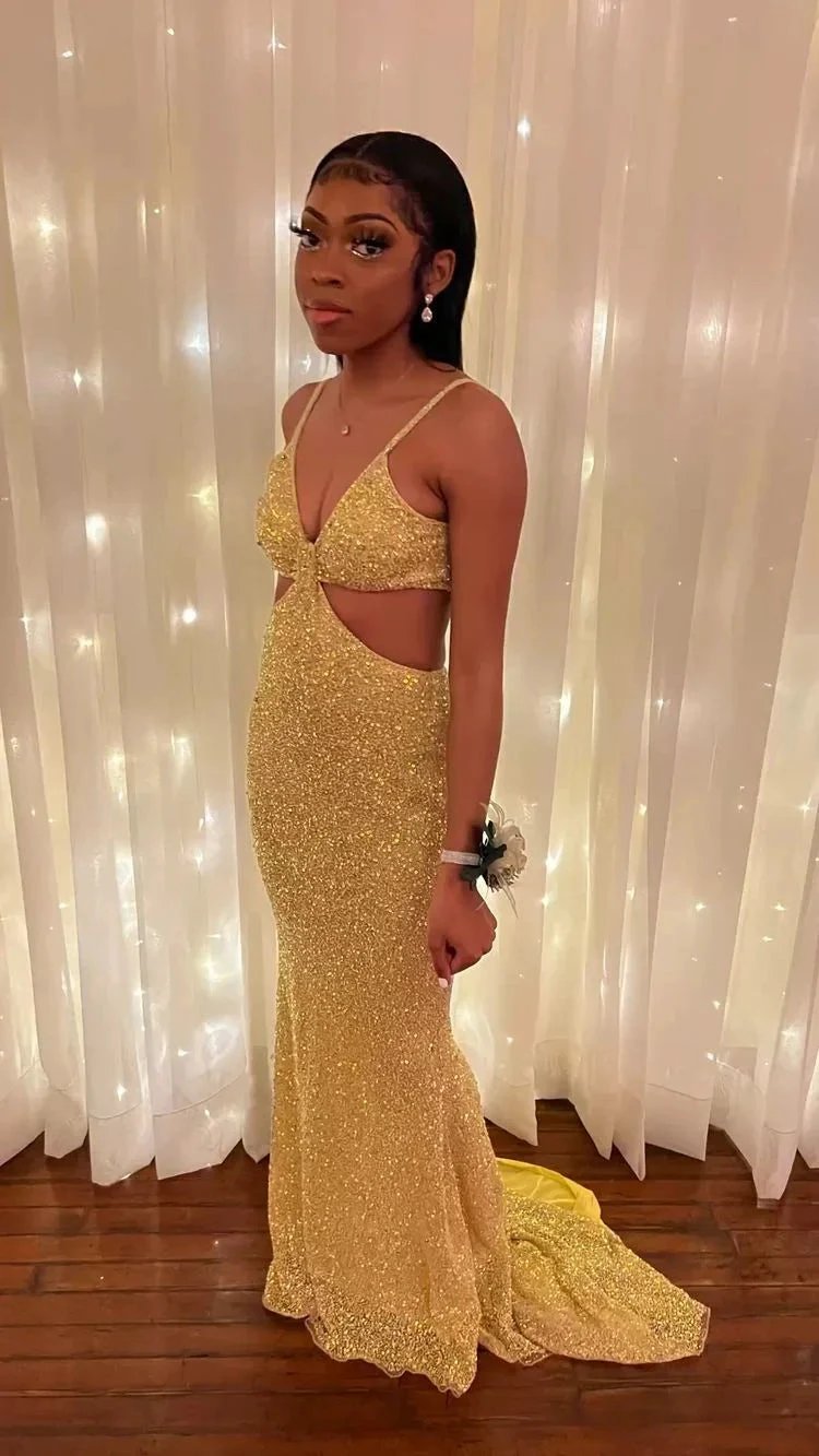 Sparkly Gold Sleeveless Mermaid Evening Dress Sexy Prom Dress For Black Girls Y813