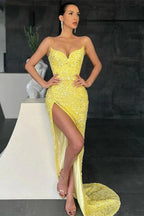 Spaghetti-Straps  Sequins Mermaid Sweetheart Prom Dress with Slit