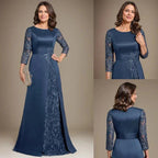 A-Line Scoop Floor-Length Lace Satin Mother Of the Bride Dress With Applique