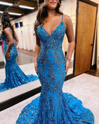 Blue Sequins Applique Prom Dress Mermaid Sleeveless Spaghetti Straps