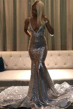 Long Mermaid V-Neck Sequins Backless Prom Dress