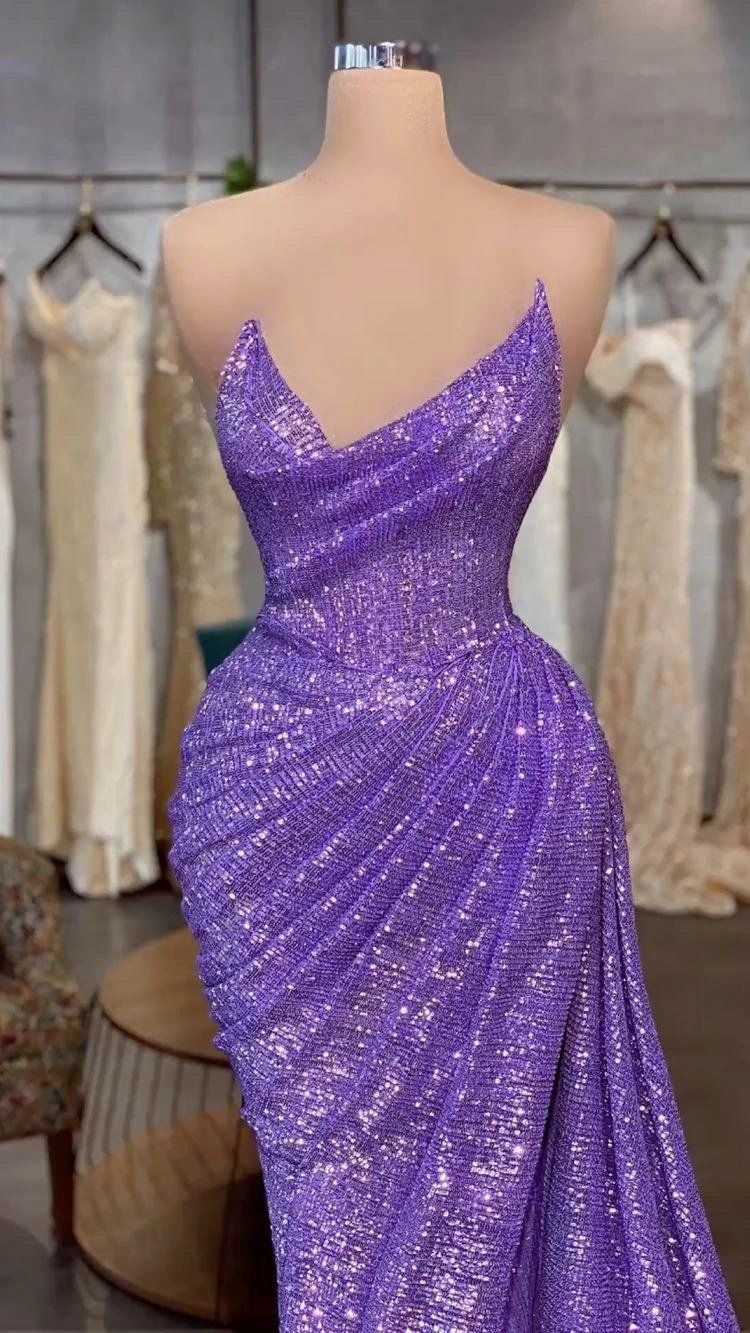 Light Purple Sequins Long Prom Dress Removable Sleeve,Charming Evening Dress Y711