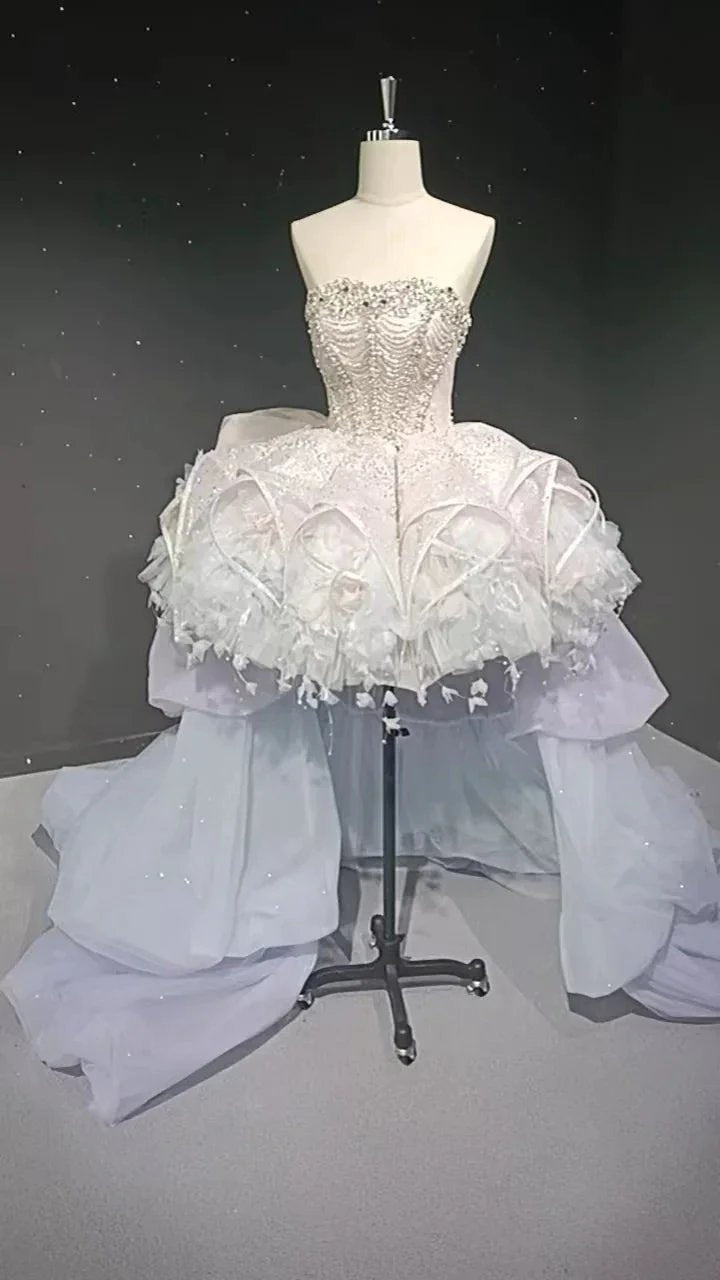 Starry veil feather crystal embellished flower bud dress