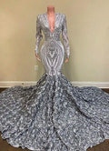 Long Sleeves V-Neck Sequins Lace Mermaid Prom Dress with Flowers Bottom