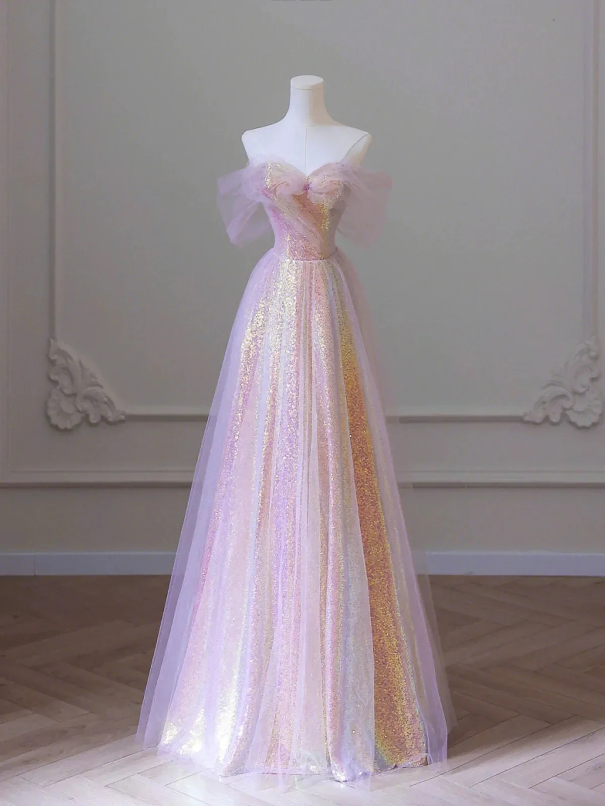 Shiny Tulle Sequins Long Prom Dress, A-Line Off the Shoulder Evening Dress Y1416