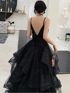 Shiny Black V Neck Prom Dresses, Backless Black V Neck Formal Evening Dress Y1767