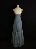 Simple Blue Tulle Beaded A Line Evening Dress Spaghetti Straps V Neck Prom Dress Y8649