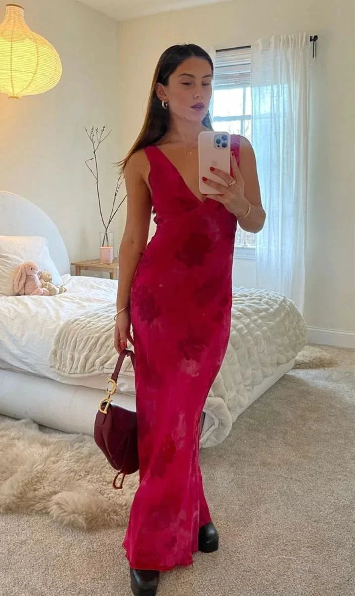 Elegant Deep V Neck Print Floral Evening Dress Prom Gown Y4548