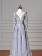 Classy Blue V Neck Sequins Beaded Tulle Prom Dress A Line Backless Evening Dress Y8644