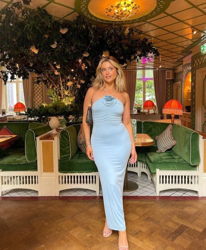 Chic Blue Halter Mermaid Long Prom Dress Evening Dress With Flowers Y7985