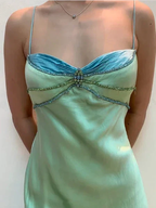 Sexy Spaghetti Straps Green Satin Beaded Prom Evening Dress Y7757