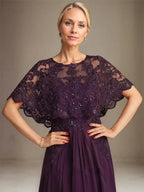 A-line Boat Neck Floor-Length Lace Chiffon Mother of the Bride Dress With Applique Sequins