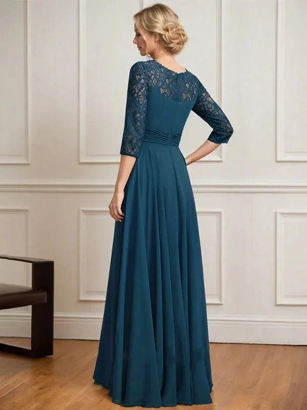 A-line Scoop Illusion Floor-Length Lace Chiffon Mother of the Bride Dress With Pleated