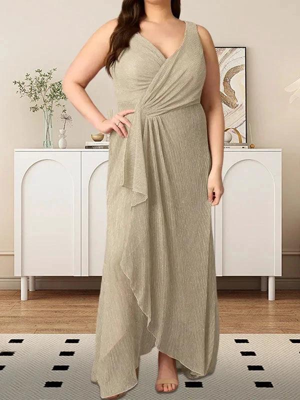 A-Line V-Neck Ruched Metallic Mesh Dress