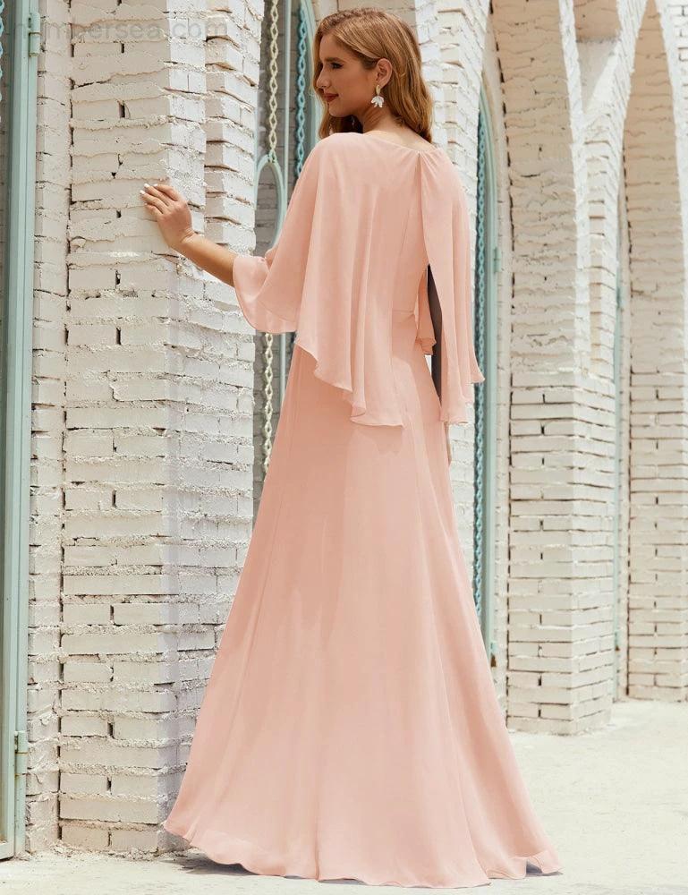 Sunnderly  Bridesmaid Dress Women Long Sleeve V-Neck Chiffon Formal Wedding Party Dress SY28018