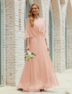 Sunnderly  Bridesmaid Dress Women Long Sleeve V-Neck Chiffon Formal Wedding Party Dress SY28018