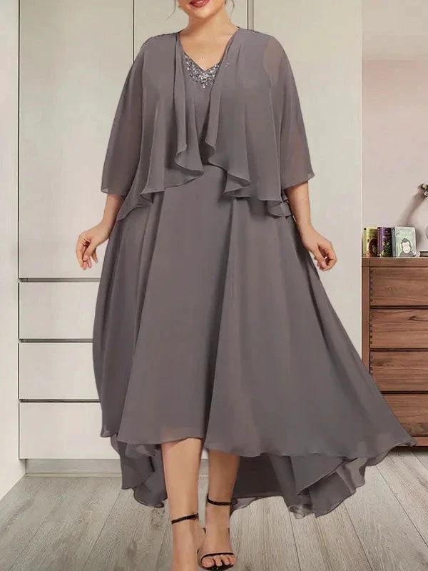 A-line V-Neck Asymmetrical Chiffon Mother of the Bride Dress With Beading Sequins