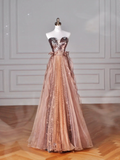 Vintage Rose Gold Strapless Tulle Sequins Beaded A Line Prom Dress Evening Dress Y8622