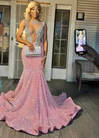 Sparkling pink prom dresses, Sexy sequins mermaid pink prom pageant evening dress Y477