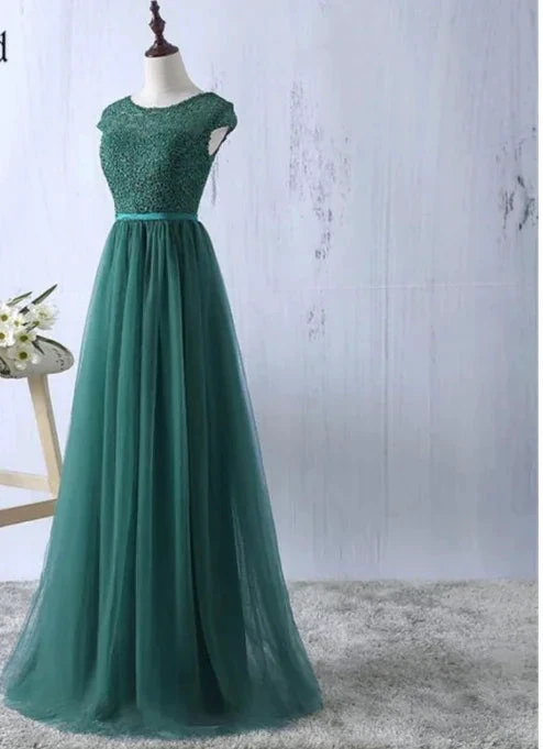 Green tulle lace top round neck long evening dresses simple formal dress S6796