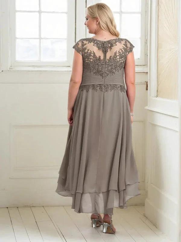A-line Boat Neck Illusion Asymmetrical Chiffon Lace Mother of the Bride Dress With Applique Pleats