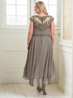 A-line Boat Neck Illusion Asymmetrical Chiffon Lace Mother of the Bride Dress With Applique Pleats