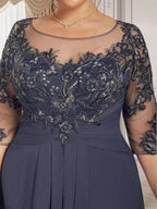 A-line Scoop Illusion Floor-Length Lace Chiffon Mother of the Bride Dress With Cascading Ruffles