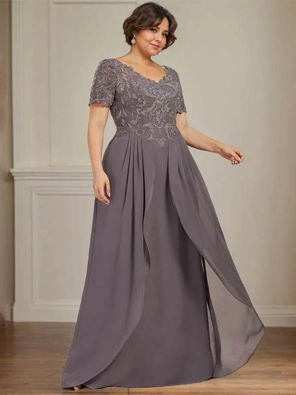 A-line V-Neck Floor-Length Chiffon Lace Mother of the Bride Dress