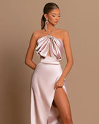 Halter Sleek Pink Sleeveless Prom Dress with Side Slit Pleats