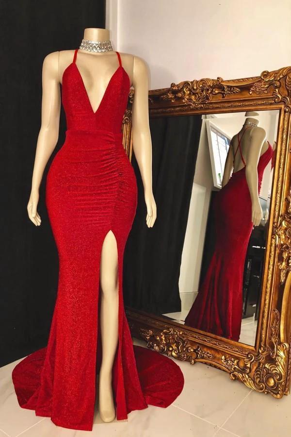 Sleeveless V-neck Halter Prom Dress with Daring Split