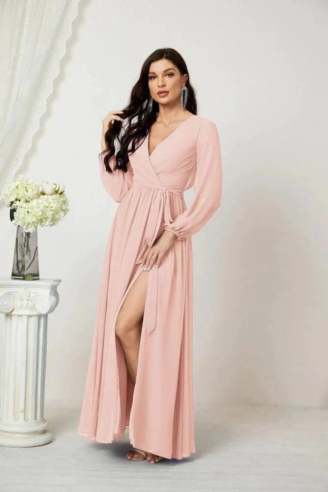 Sunnderly Evening Dresses Deep V-Neck Chiffon Bridesmaid Dresses Long Bishop Sleeve Side Split Formal Dress SY2806