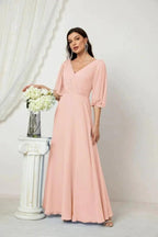 Numbersea  Formal Prom Gown Women V-Neck Chiffon Bridesmaid Dresses Long Bishop Sleeve Party Dress 2807