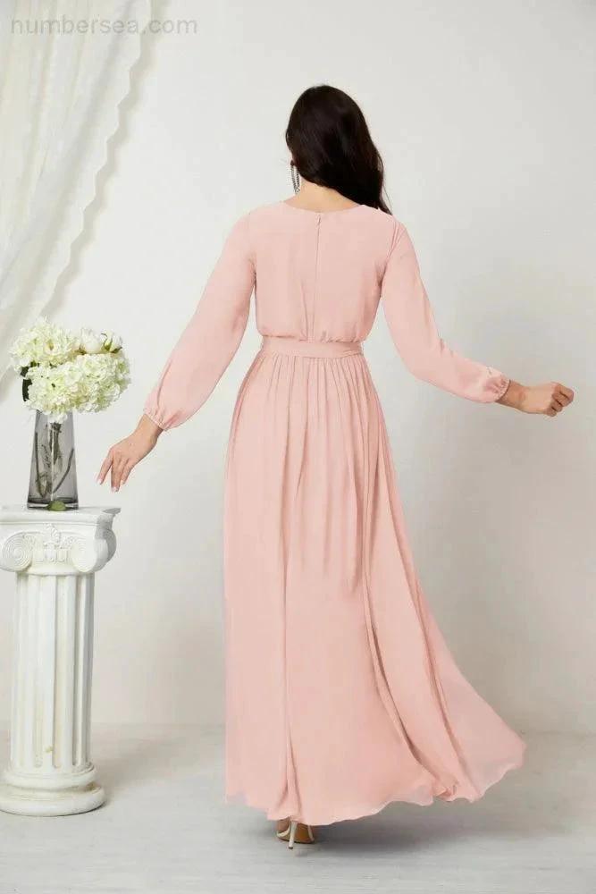 Sunnderly Evening Dresses Deep V-Neck Chiffon Bridesmaid Dresses Long Bishop Sleeve Side Split Formal Dress SY2806