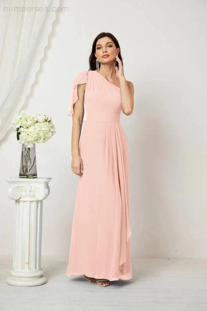 Numbersea  Chiffon Ruffled One Shoulder Long Bridesmaid Dresses A-line Formal Evening Gown Side Split 2809