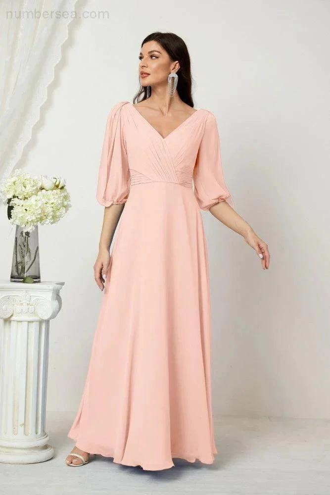 Numbersea  Formal Prom Gown Women V-Neck Chiffon Bridesmaid Dresses Long Bishop Sleeve Party Dress 2807