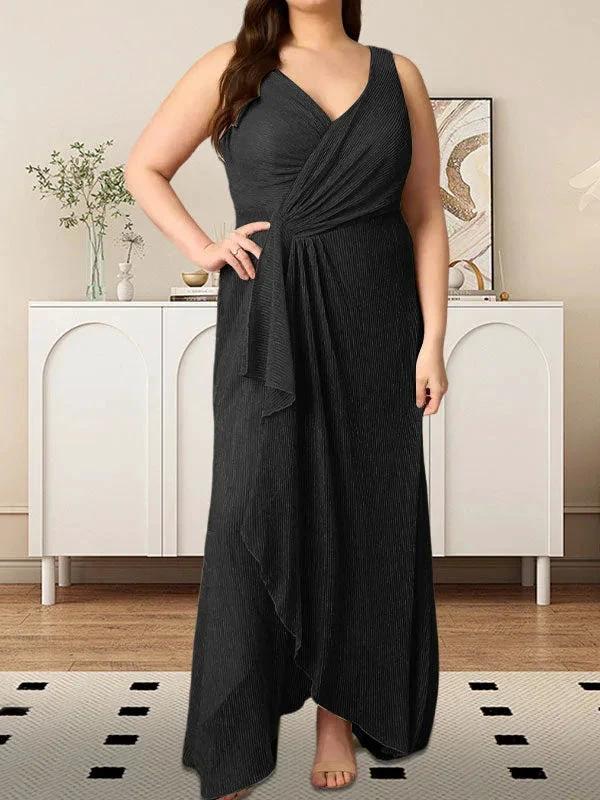 A-Line V-Neck Ruched Metallic Mesh Dress