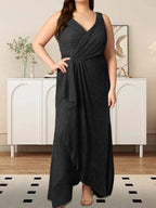 A-Line V-Neck Ruched Metallic Mesh Dress