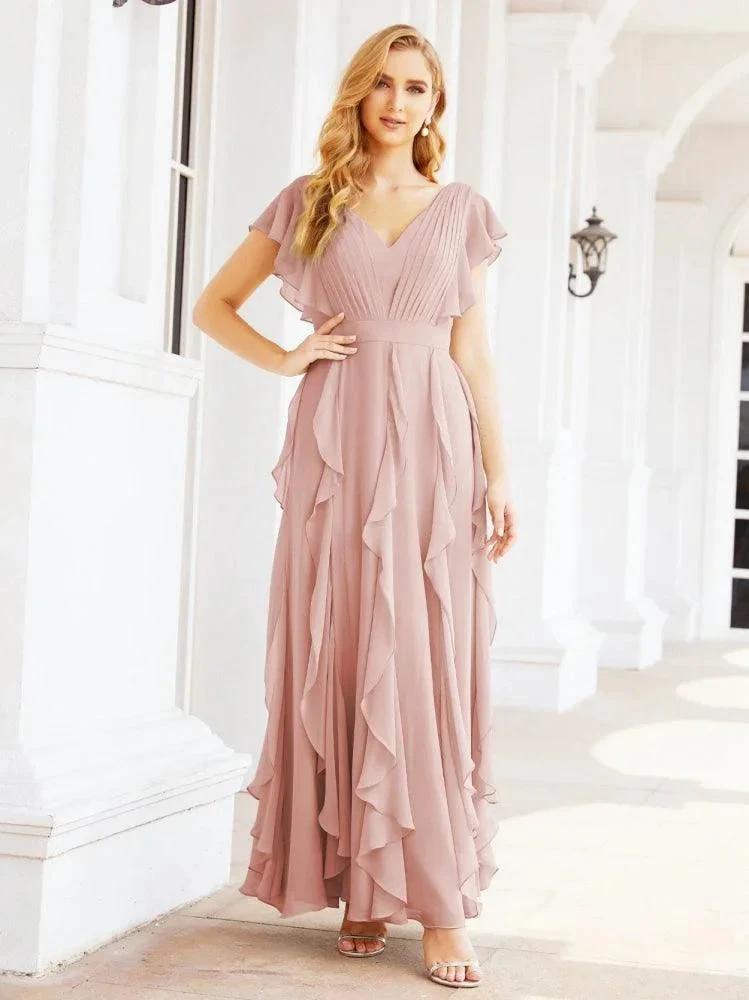 Ruffled Bridesmaid Dresses with Sleeves Long Formal Party Dress 28041