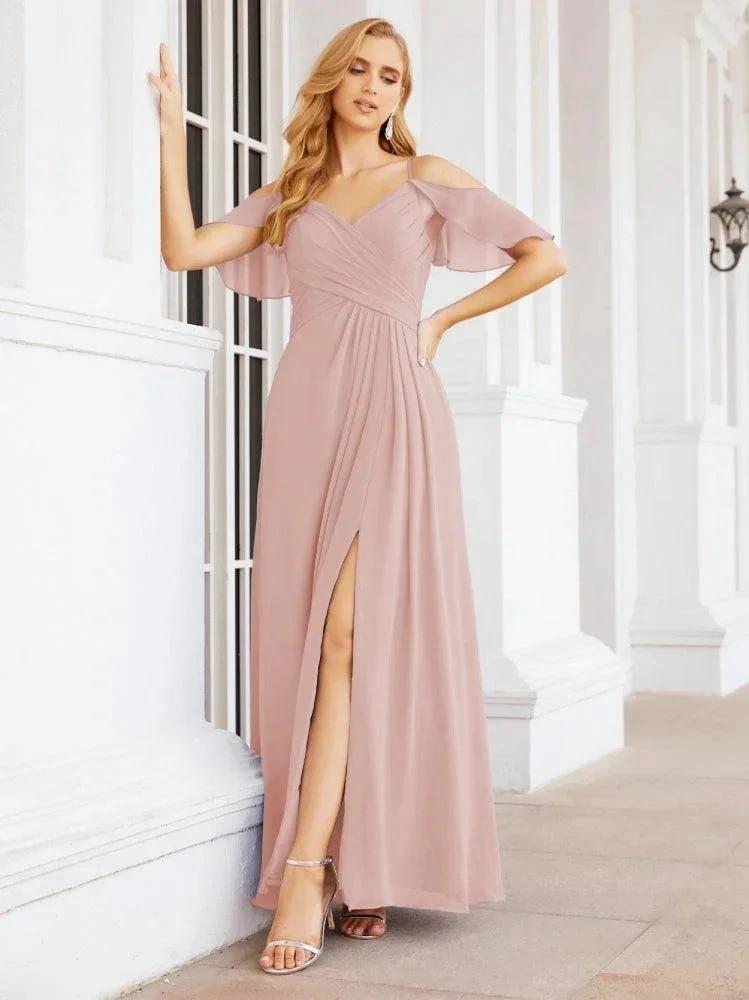 Numbersea Cold Shoulder Long Bridesmaid Dresses Side Slit Formal Prom Gowns Party Wedding 28070