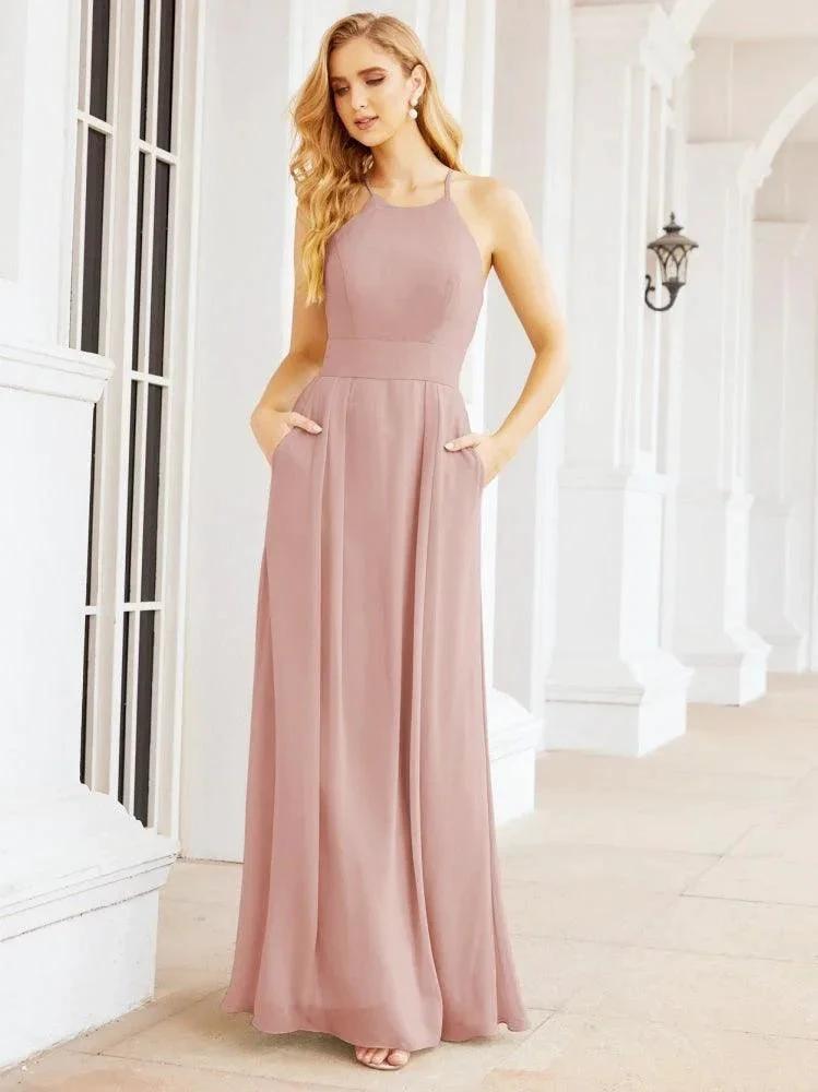 Numbersea Halter Bridesmaid Dresses with Pockets Sleeveless Formal Evening Party Prom Gowns  28055