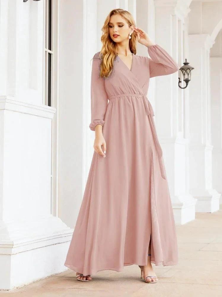 Sunnderly Women's Chiffon Bridesmaid Dress A line Long Sleeves Formal Evening Prom Gown for Wedding Guest SY28032