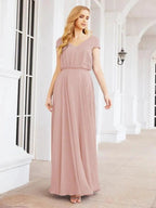 Numbersea V-Neck Bridesmaid Dresses Long Cap Sleeves Prom Evening Formal Gowns 28071