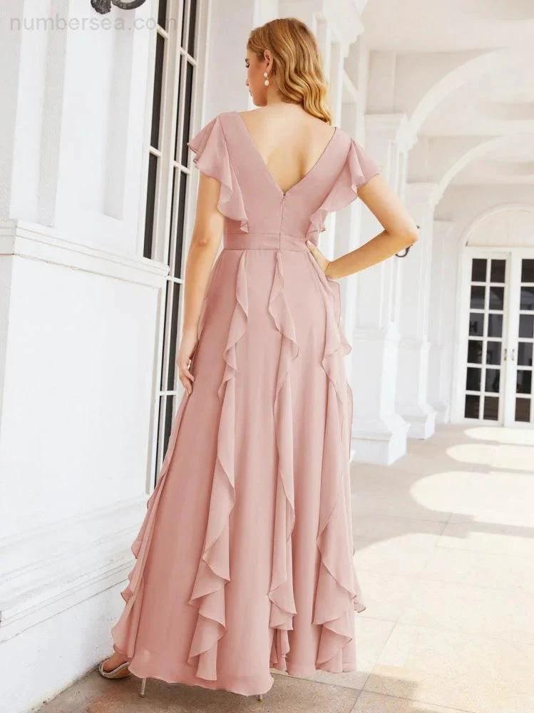 Ruffled Bridesmaid Dresses with Sleeves Long Formal Party Dress 28041