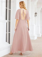 Numbersea V-Neck Bridesmaid Dress Chiffon Long Open Back Formal Dresses for Women Party Evening 28067