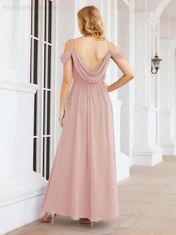 Numbersea Off The Shoulder Chiffon Bridesmaid Dress Long Formal Graduation Gown with Cowl Back 28069