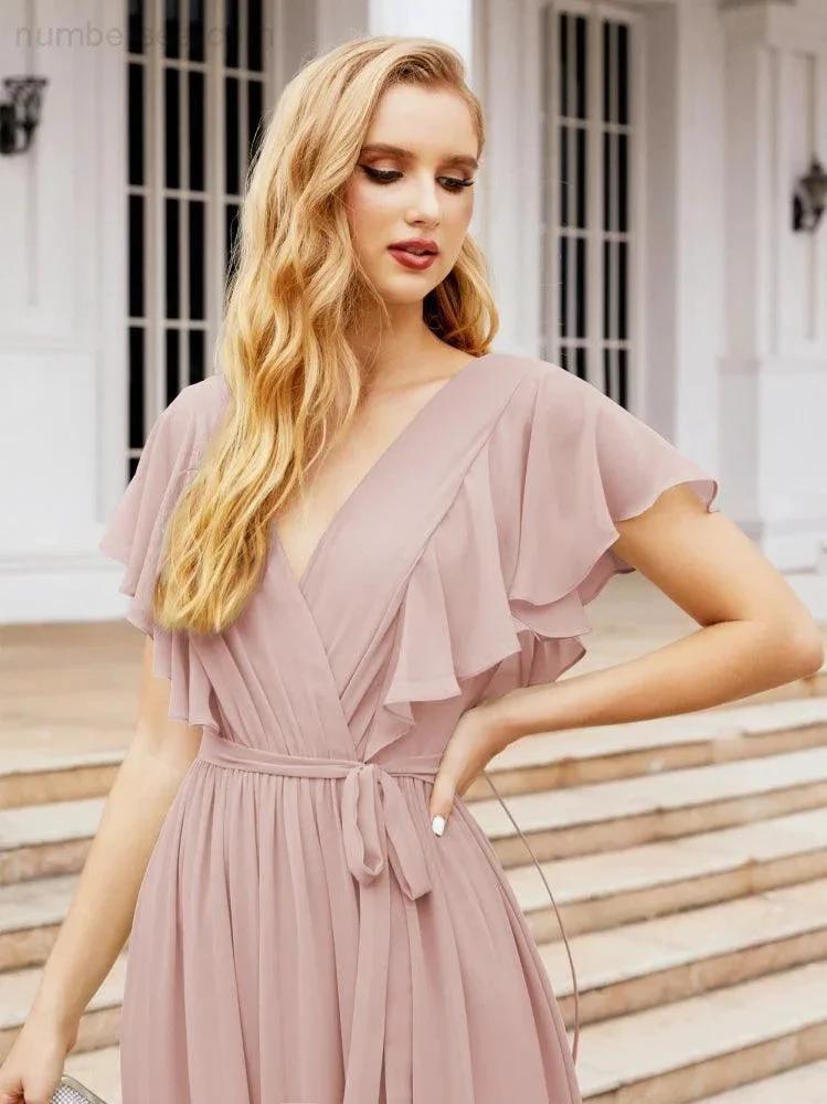 Numbersea Women's Open Back Formal Evening Party Prom Gowns V-Neck Long Chiffon Bridesmaid Dresses with Waist Belt 28038
