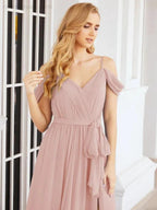 Numbersea Off The Shoulder Chiffon Bridesmaid Dress Long Formal Graduation Gown with Cowl Back 28069